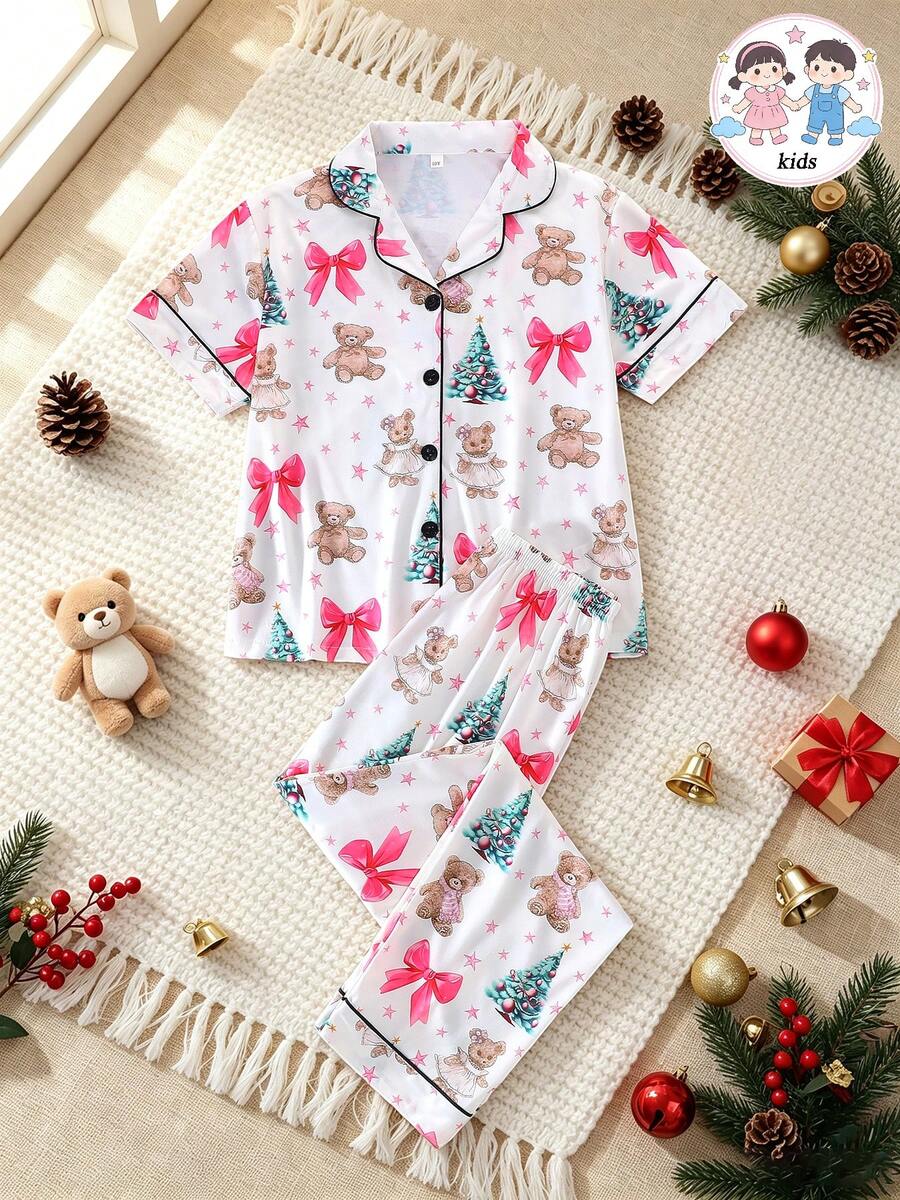 2pcs/Set Christmas Children's Short Sleeve Pajama Set, Flame Retardant Fabric, Christmas Tree Cartoon Bear Print Pattern, Lapel Short Sleeve Cardigan And Long Pants Set, All Season Wear, Home Wear, Comfortable And Loose, Girls Medium And Large Children - White - View 1