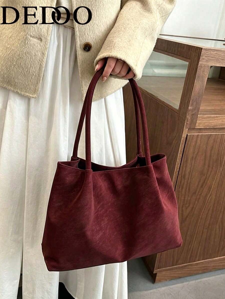 Dedoo Women's Vertical Tote Shoulder Bag, Burgundy Solid Color Suede, Thin Drawstring Strap, Large Capacity Minimalist Vintage, Suitable For Autumn/Winter Daily Commute