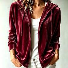 Áo khoác hoodie kéo khóa màu trơn tối giản đa năng mặc hàng ngày, tay dài có dây rút, phong cách thể thao trẻ trung kiểu đại học, áo cardigan len dệt kim nữ thường ngày, thu/đông - Màu Đỏ Sâu - Xem 1