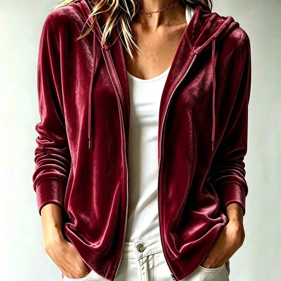 Áo khoác hoodie kéo khóa màu trơn tối giản đa năng mặc hàng ngày, tay dài có dây rút, phong cách thể thao trẻ trung kiểu đại học, áo cardigan len dệt kim nữ thường ngày, thu/đông - Màu Đỏ Sâu - Xem 1