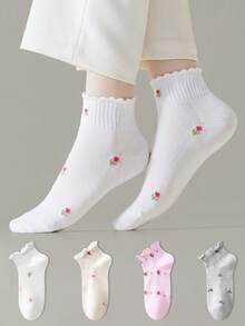 ZUJO 4 Pairs Women's Hollow Out Short Socks With Frill Trim, Floral Pattern, Non-Slip Comfortable Breathable, Suitable For Sports And Casual Wear - Multicolor - View 4