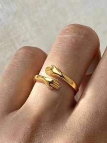 1 pieza Anillo grueso ajustable de acero inoxidable enchapado en oro de 18K con diseño de palma abierta para mujeres - Plateado - Ver 2