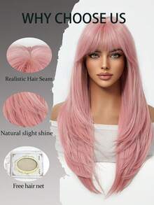 Fashion Pink Long Layered Straight Hair Wig With Bangs, Heat-Resistant Synthetic Fiber Women's Hairstyle Wig, Suitable For Halloween Cosplay, Christmas Party, New Year Celebration And Holiday Events - Pink - View 4