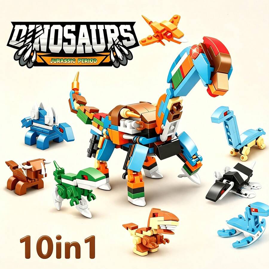 Cute & Fun Dinosaur Series Building Block Set/Dinosaur Animal Models, Includes Triceratops, Velociraptor, Brachiosaurus, Mosasaurus, Plesiosaurus, Tyrannosaurus Rex, Red Pterosaur, Stegosaurus, Ankylosaurus, Pterosaur 10 Small Blocks Assembled Into One Large Model, Improve Hands-On Ability, Become Exclusive Collection After Completion, Eye-Catching Desktop Decoration, Come And Learn And Play With The Cute And Magical Little Animals! - Animal Building Blocks - View 1