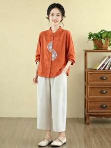 Women's Chinese Style Embroidered Frog Button Jacquard Linen Shirt, Stand Collar Rolled Sleeve 3/4 Sleeve Loose Fit Blouse - Orange - View 8
