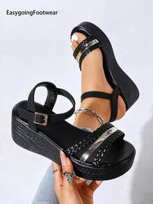 Women's Plus Size Woven Open Toe Wedge Sandals, Thick Sole Non-Slip Versatile Casual Shoes For Summer - Black - View 6