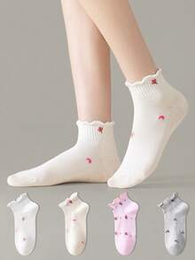 ZUJO 4 Pairs Women's Hollow Out Short Socks With Frill Trim, Floral Pattern, Non-Slip Comfortable Breathable, Suitable For Sports And Casual Wear - Multicolor - View 1