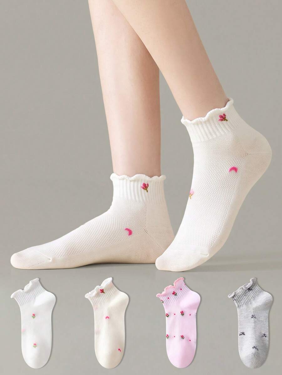 ZUJO 4 Pairs Women's Hollow Out Short Socks With Frill Trim, Floral Pattern, Non-Slip Comfortable Breathable, Suitable For Sports And Casual Wear - Multicolor - View 1