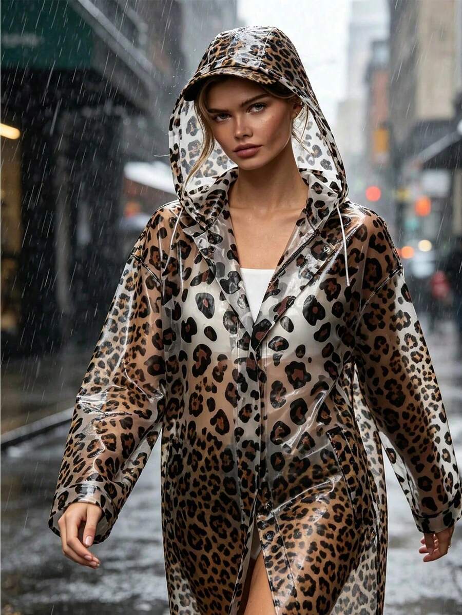 Lightweight Raincoat With Adjustable Hood - All-Season Leopard Print Full Coverage Outerwear, Easy To Clean, Suitable For Outdoor Cycling, Travel And Daily Rainy Weather Wear - Fashionable - Multicolor - View 1