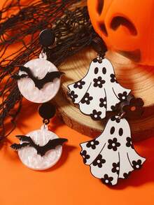 1 par de pendientes con diseño de fantasma lindo para mujeres en Halloween - Blanco y Negro - Ver 14