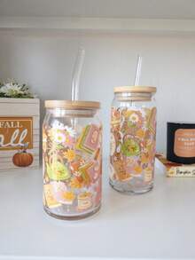 Atmospheric Autumn Theme Transparent Glass Cup, Full Print Autumn Dessert Pumpkin Pattern, Bamboo Sealed Lid With Glass Straw Suitable For Coffee And Juice, Home Desktop Decor Water Cup - Multicolor - View 8