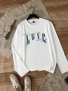 Women's American Vintage Round Neck Star & Letter Print Long Sleeve T-Shirt, Loose Fit Design Base Layer Top For Autumn - White - View 6