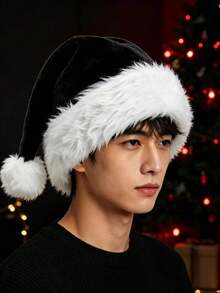 Black & Red Long Plush Christmas Hat, Thick Fleece Large Pom Pom Christmas Party Hat - A - View 3