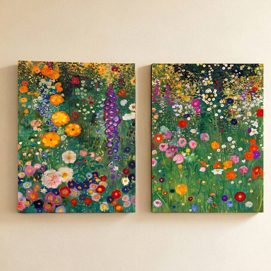 2件組 Gustav Klimt 農場花園帆布藝術牆面海報，有框 + 無框房間裝飾，Klimt 海報套裝，Klimt 花卉，牆面藝術印刷，Gustav Klimt 牆面裝飾，居家牆面裝飾，客廳裝飾，臥室裝飾