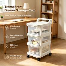 3-Tier Transparent Drawer Storage Cart With Removable Handle And 360° Swivel Wheels, 3 Colors Available, Rolling Organizer Cart With Clear Pull-Out Drawers For Bathroom, Kitchen, Bedroom, Office, Laundry Room And Home Storage - White - View 3