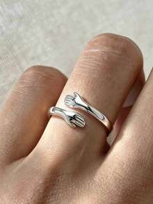 1 pieza Anillo grueso ajustable de acero inoxidable enchapado en oro de 18K con diseño de palma abierta para mujeres - Plateado - Ver 8