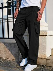 Men's Versatile Straight Leg Rivet Decor Workwear Casual Pants, Suitable For Daily Street Outdoor Commute Multi-Scenario - Black - View 3