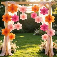 9 PCS Paper Flowers Fans Orange And Hot Pink Party Decorations Tissue Paper Flowers Decorations For Girl Groovy Birthday Wedding Bachelorette Room Wall Hanging Decor - View 2