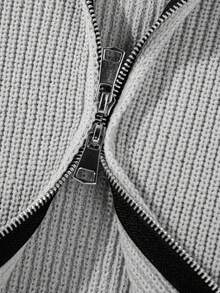 Men's American Casual Ribbed Knit Hooded Cardigan, Letter Embroidery On Chest, Dropped Shoulder Zip-Up Knit Jacket - Grey - View 6