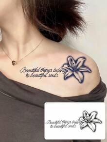 A Semi-Permanent, Washable, Water-Resistant, Black And Gray Realistic Lily Flower Tattoo Sticker In Cursive English Script, Waterproof And Suitable For The Collarbone Area, Lasting 7-14 Days. - Black - View 1