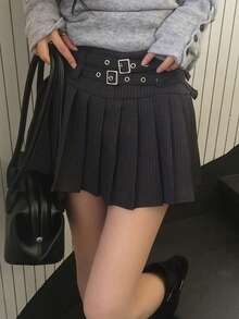 Spring/Summer New Hot Girl Vintage Slimming High Waist Anti-Exposure Double Belt Striped Pleated Skirt - Black - View 1