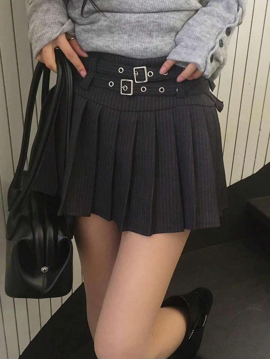 Spring/Summer New Hot Girl Vintage Slimming High Waist Anti-Exposure Double Belt Striped Pleated Skirt - Black - View 1