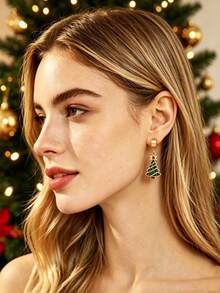 1 par de pendientes colgantes tipo huggie con árbol de Navidad, pendientes de aro colgantes de esmalte colorido navideño, joyería de fiesta festiva chapada en oro, regalos para mujeres - Árbol de Navidad pequeño con gotas de aceite - Ver 2