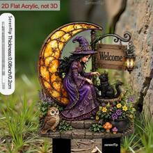 2D Flat [2D Flat] 1pc 2D Flat Acrylic Plug-In, With Pointed Tip, For Decorating Flower Pots And Garden Paths, Featuring Witch, Cat, Owl And Flowers - C - View 5
