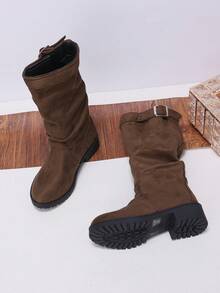 1 Pair Girls' Ruched Fabric High-Top Boots, Round Toe, Side Buckle, Chunky Low Heel, Vintage Slouch Boots, Suitable For Campus, Daily Wear, Outdoor Outings - Brown - View 5