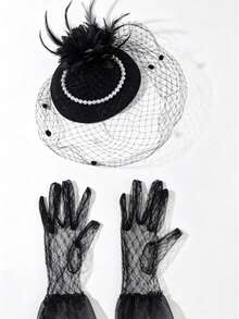 Mesh Hair Accessory Hat And A Pair Of Lace Gloves - Black - View 5