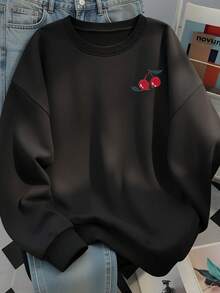 Vintage Ink Cherry English Back Print Crew Neck Sweatshirt Women Loose Sweet Cool Black Versatile Long Sleeve Top - Black - View 4