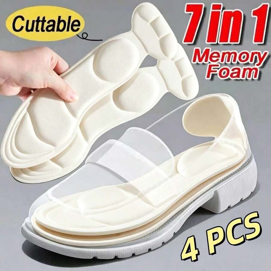 QKC 4pcs Women's High Heel Shoe Insoles, Anti-Slip And Sweat-Absorbent, Suitable For Oversized Shoes, With Heel Protection And Cushioning, Comfortable Soft Sole, Pain-Relief Flat Shoe Insoles - Beige - View 1