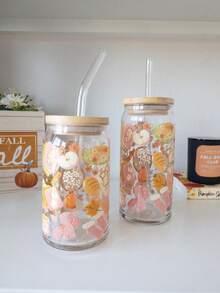 Atmospheric Autumn Theme Transparent Glass Cup, Full Print Autumn Dessert Pumpkin Pattern, Bamboo Sealed Lid With Glass Straw Suitable For Coffee And Juice, Home Desktop Decor Water Cup - Multicolor - View 7