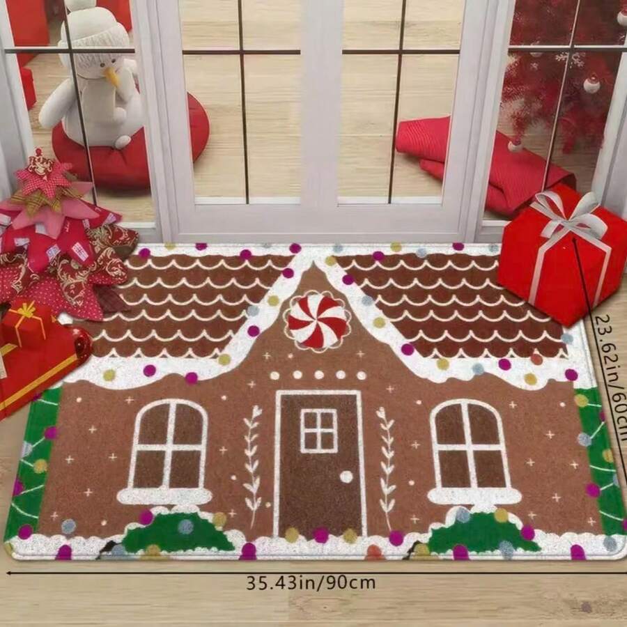 GEL HUT MUN Lpc, Gingerbread House Style Christmas ThemedDoormat, Cartoon Candy Decorative Pattern EntranceMat, Non-Slip Doormat For Entryways, Soft AndAbsorbent Bathroom Anti-Slip Mat, Christmas KitchenHome Decor Rug, Suitable For Indoor And Outdoor - E - View 1