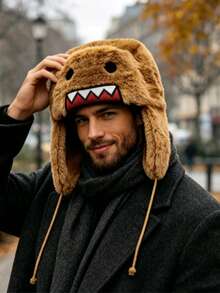 Autumn/Winter Outdoor Creative Cartoon Embroidered Earflap Double-Layer Thickened Warm Coral Fleece Ushanka Hat - Camel - View 2