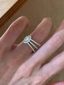 1pc French Style Full Cubic Zirconia Marquise Cut Copper Alloy Ring, Suitable For Women's Banquet, Party, Wedding Wear - Silver - View 6
