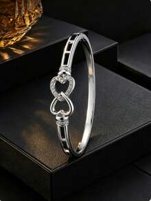 1pc Double Heart Intertwined Hollow Square Rhinestone Studded Round Ring Design Niche Gentle Versatile Elegant Decorative Bracelet - Bracelet - View 4