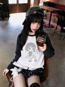 1pc Y2K Korean Japanese Ins Style Women's Color Block Raglan Sleeve Pixel Cartoon Print Casual Versatile Retro Streetwear Loose Long Sleeve White Top - White - View 2