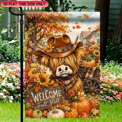 1pc 2D Flat Garden Flag, Autumn Welcome Cow Countryside Landscape, Durable Polyester Material, Suitable For Garden, Patio, Indoor And Outdoor, Autumn Harvest Pastoral Style Festival Celebration Decoration Flag (Flag Pole Not Included), Single-Sided Printing