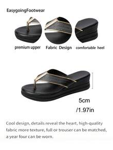 Women's Woven Texture Gold Patchwork Thong Slide Sandals, Lightweight Thick Sole Height-Increasing Comfortable Summer Essential - Black - View 11