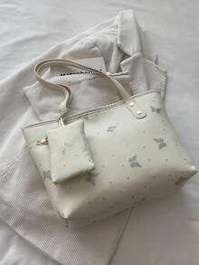 1pc Women's Fashion Commuter Solid Color All-Season Random Print Shoulder Bag, Versatile Large Capacity Butterfly Print Tote Bag, Suitable For Commuting, Travel, Outings - White - View 5