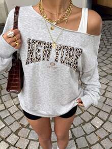 Women Y2K Grey Asymmetric Neck Leopard Letter Graphic Oversized Sweatshirt, Casual Long Sleeve Autumn Pullover - Grey - View 2