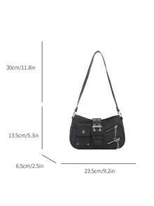 1pc Black Solid Color PU Baguette Shoulder Bag For Women - Black - View 7
