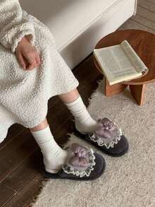 XIXITIAO Cute Lace Ruffle Bow Slippers, Closed‑Toe Fuzzy Warm House Shoes, Soft Sole Cozy Indoor Slippers - Grey - View 8