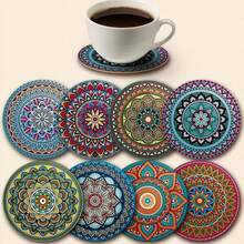 8pcs/Set Wooden Coasters With Mandala Pattern, Suitable For Living Room, Kitchen, Dining Room, Cup Mat, Wine Glass Mat, Great Gift - Multicolor - View 6