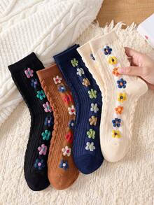 4 Pairs Elegant 3D Floral Pattern Women's Mid-Calf Socks, Non-Slip Soft Comfortable, Suitable For Autumn/Winter - Multicolor - View 5
