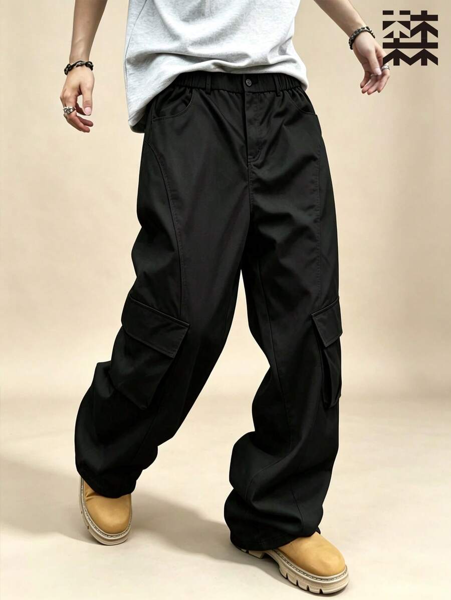 mulinsen Men's Wide Leg Cargo Pants Black Multi-Pocket Loose Drape Casual Long Pants Streetwear Brand Elastic Waist - Black - View 1