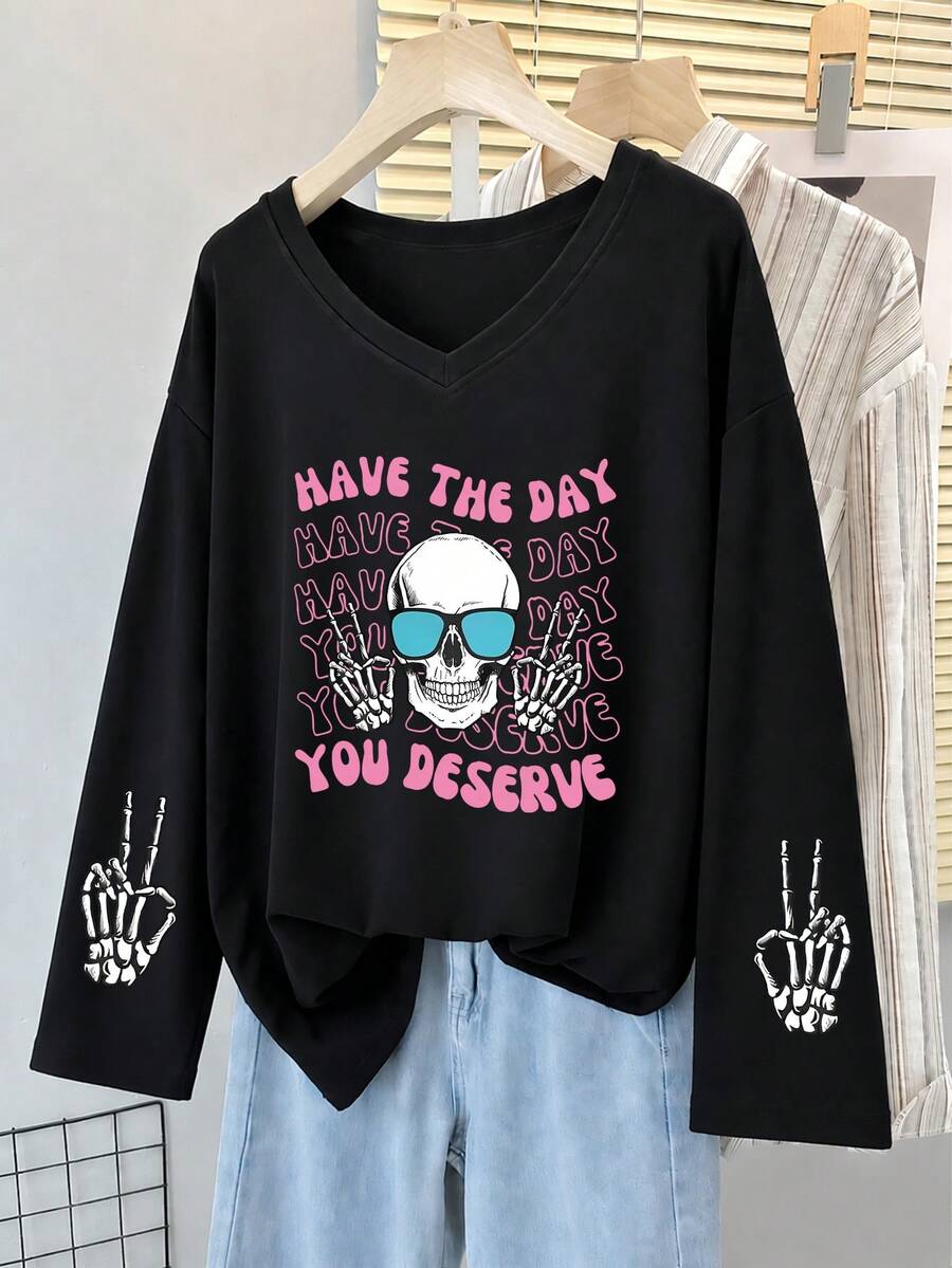 Plus Size V‑Neck Long Sleeve T‑Shirt, Skeleton Hand Letter Graphic Print Loose Casual Tee For Curvy Women - Black - View 1