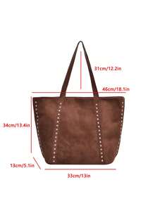 1pc Coffee Brown Metal Rivet Decor Large Capacity Faux Suede Tote Bag Women's Shoulder Bag - Coffee Brown - View 7