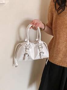 Solid Color Glossy One Shoulder Bag, Ruched Drawstring Design, Short Hand Strap, Detachable Crossbody Strap, Flexible Switch Between Handheld And Crossbody Modes, Ample Interior Space, Can Store Phone, Lipstick, Powder, Earphones And Other Daily Essentials, Suitable For Daily Shopping, Commuting, Work, Dating And Travel - White - View 4